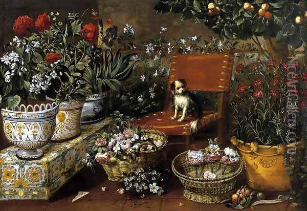 Garden View with a Dog 1660s Oil Painting - Tomas Hiepes