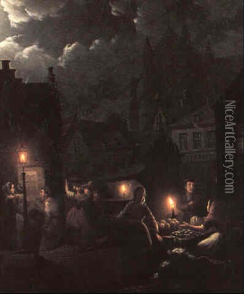 Dutch Market Scene With Figures By Candlelight Oil Painting - Johann Mongels Culverhouse