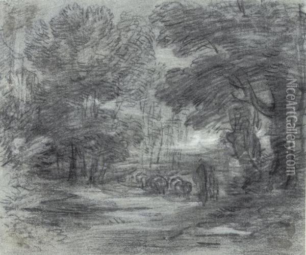 A Wooded Landscape With A Herdsman And His Flock Oil Painting - Thomas Gainsborough