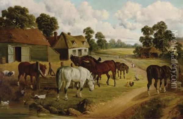 Horses And Fowl In A Farmyard Oil Painting - John Frederick Herring Snr