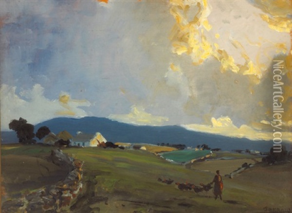 Near Dunfanaghy, County Donegal (landscape With Woman Herding A Flock Of Turkeys, Cottage Beyond) Oil Painting - James Humbert Craig
