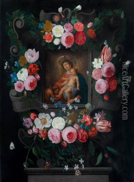Madonna And Child With John The Baptist In A Floral Cartouche Oil Painting - Jan van Kessel the Elder