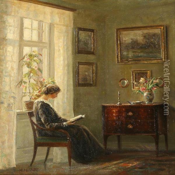 Drawing Room Interior With A Reading Lady At The Window Oil Painting - Hans Hilsoe