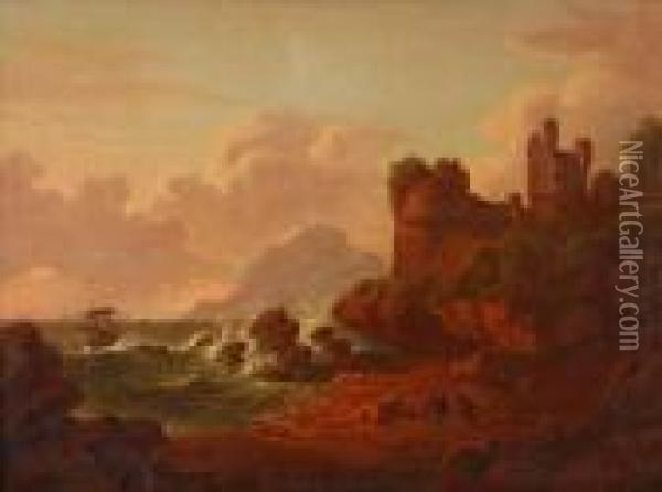 Figures In A Rockycove Before A Ruined Castle Oil Painting - Patrick, Peter Nasmyth