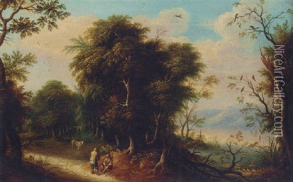 A Wooded River Landscape With Figures On A Track Oil Painting - Jasper van der Laanen