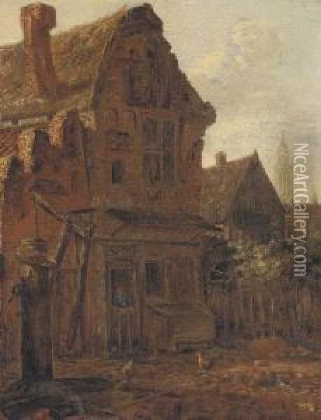 A Courtyard Scene With A Peasant At The Door Of A House Oil Painting - Emmanuel Murant