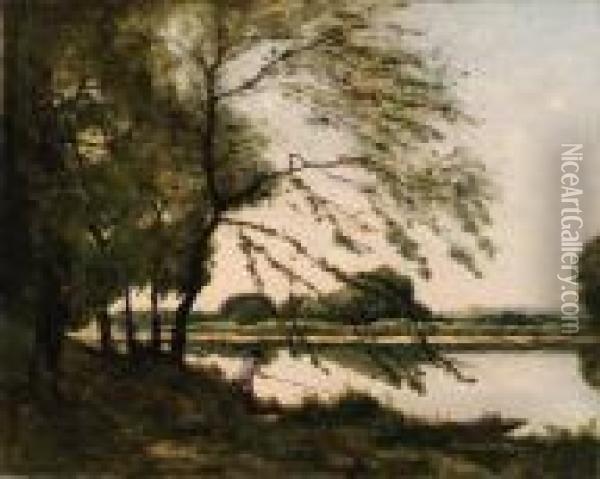 Fishing On The Banks Of A River Oil Painting - Henri-Joseph Harpignies