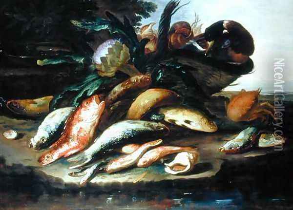 Still Life with Dead Fish and Game Oil Painting - Giuseppe Recco