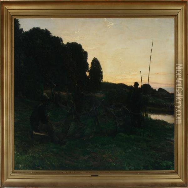 Landscape With Fishermenin The Sunset Oil Painting - Knud Larsen