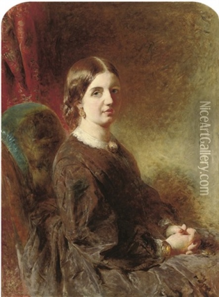 Portrait Of The Artist's Wife, In A Brown Dress Oil Painting - William Huggins