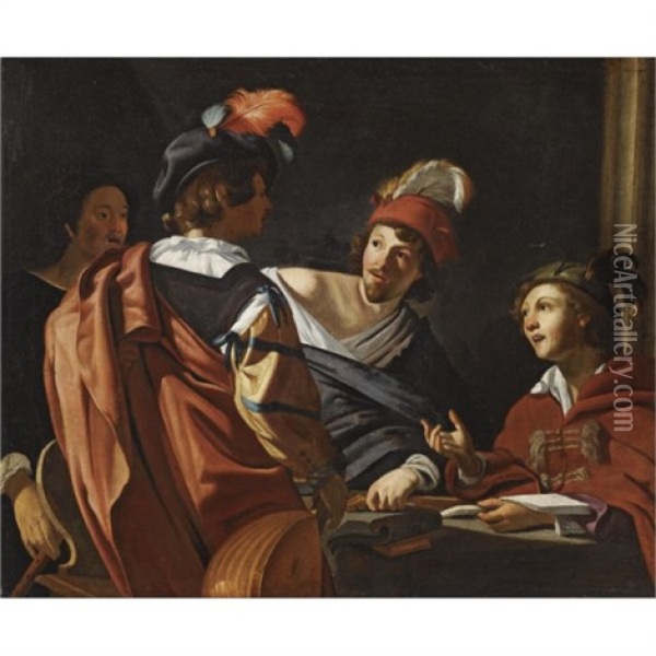 A Group Of Figures Around A Table Making Music Oil Painting - Theodoor Rombouts