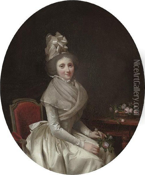 Portrait Of A Lady, 
Three-quarter Length, Seated, In A White Dress, A Pink Rose In Her Left 
Hand Oil Painting - Louis Leopold Boilly