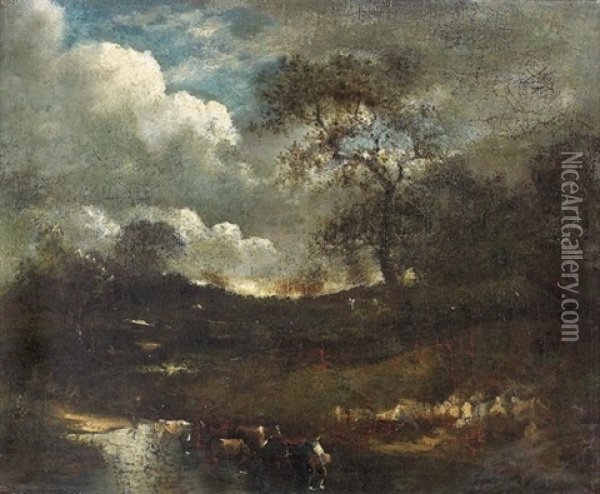 Abendliche Partie Am Fluss Oil Painting - Nicolas Louis Cabat