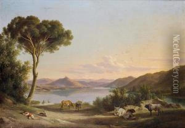 An Italian Lake Landscape Oil Painting - Lievine Teerlink