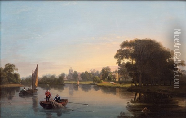Summer River Landscape With Fishermen Bringing In The Net Oil Painting - Hendrik Frederik Verheggen