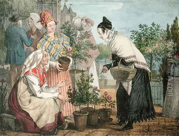 The Flower Market, Paris, 1821 Oil Painting - John James Chalon