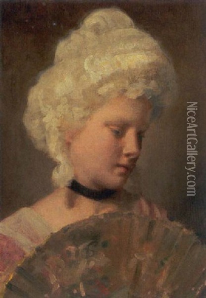 Ung Kvinde Med Opsat Har Og Vifte Oil Painting - Frans (Johan Georg F.) Schwarz