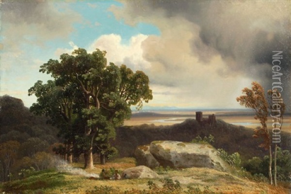 Felslandschaft Mit Burg Und Figurenstaffage Oil Painting - Johann Gustav Lange