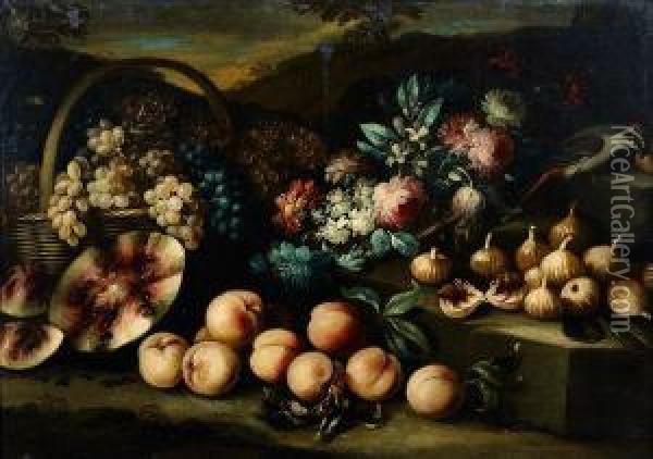 Nature Morte De Fruits Et De Fleurs Dans Un Paysage Oil Painting - Giacomo Nani
