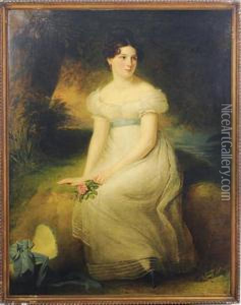 Portrait Of A Girl In A White Lace Dress, Seated In A Landscape Oil Painting - John Partridge
