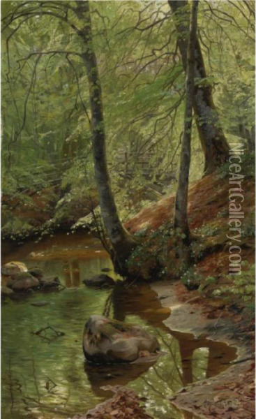 A Forest Stream Oil Painting - Peder Mork Monsted