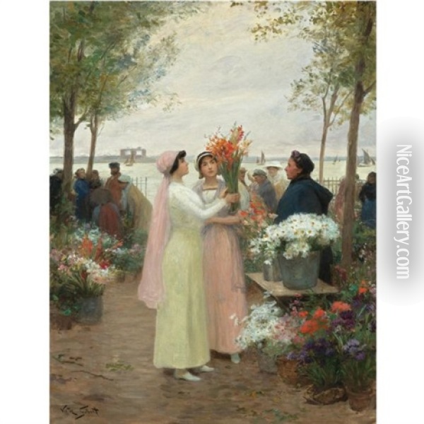 Elegantes Au Marche Des Fleurs Oil Painting - Victor Gabriel Gilbert