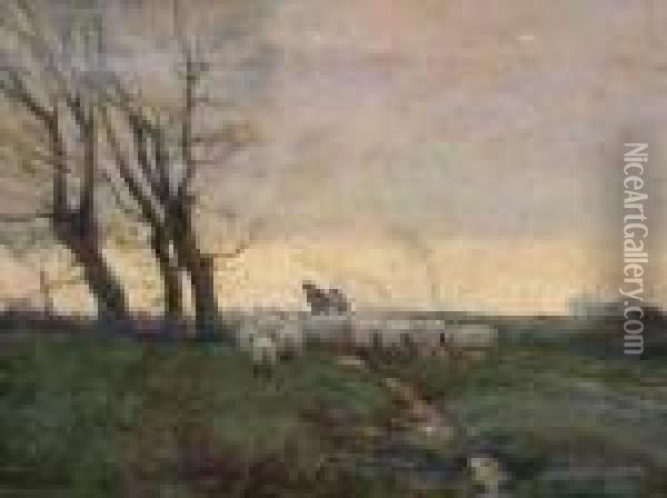 Sheep In A Landscape At Sunset Oil Painting - William Tatton Winter