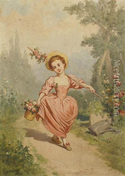 Bambina Con Cesto Di Fiori Oil Painting - Theodore Jourdan