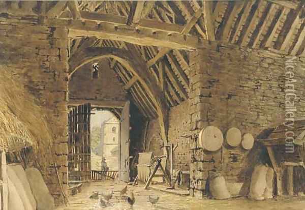Interior of a barn with chickens Oil Painting - William Henry Hunt