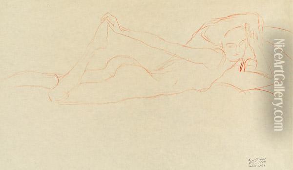 Liegender Akt, Den Rechten Fus Haltend Oil Painting - Gustav Klimt