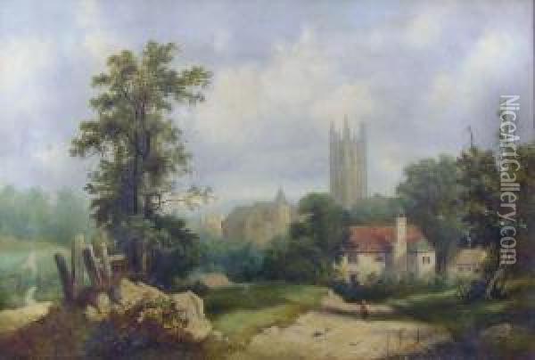 Artistic Impression Of View Of Canterbury Cathedral Oil Painting - Henry Harold Vickers