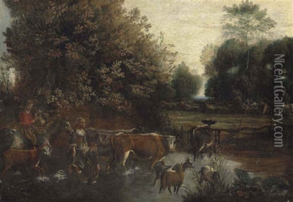 A Wooded Landscape With A Family Driving Cattle And Goats Through A Stream, Horses Grazing Beyond Oil Painting - Jan Siberechts