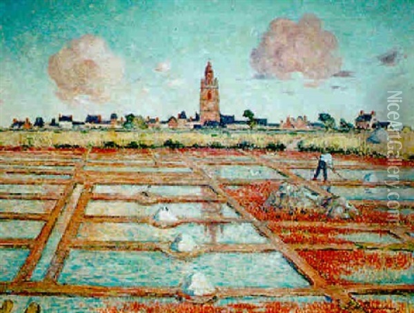Les Marais Salants Devant Le Bourg De Batz Oil Painting - Ferdinand du Puigaudeau