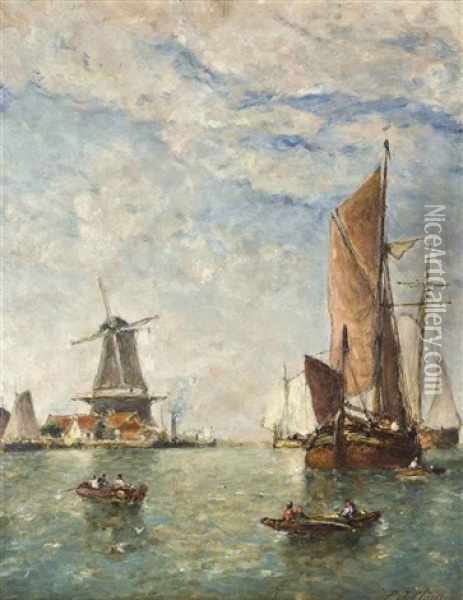 Barges And Other Coastal Traffic On A River Estuary Before A Windmill Oil Painting - Paul Jean Clays
