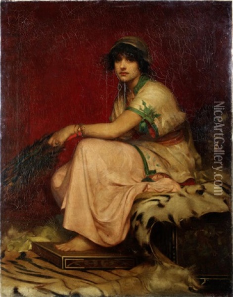 A Classical Lady, Seated On A Leopard Skin Rug Oil Painting - John William Waterhouse