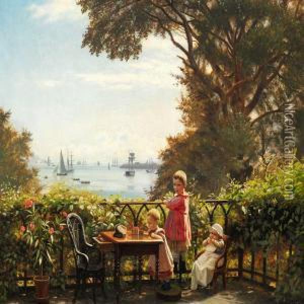 From The Artist's Porch With A View Towards Copenhagen Harbour Oil Painting - J.E. Carl Rasmussen
