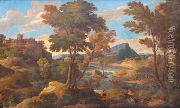 A Wooded River Landscape With Figures Resting Beside A Path (+ A River Landscape With Classical Figures Before A Waterfall; Pair) Oil Painting - Etienne Allegrain