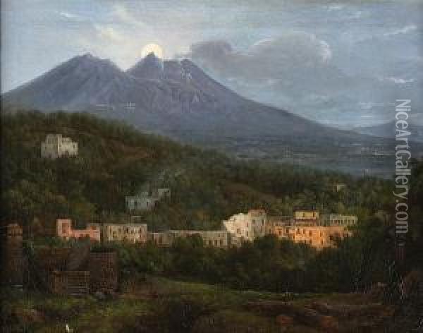 Mount Vesuvius With A Village And Ruins In The Foreground Oil Painting - Louise Mohr