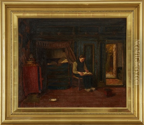 Interior Med Lasande Man Oil Painting - Ferdinand Fagerlin