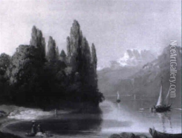 Schweizer Gebirgssee Mit Fischerbooten Auf Dem Wasser Oil Painting - Abraham Louis Buvelot