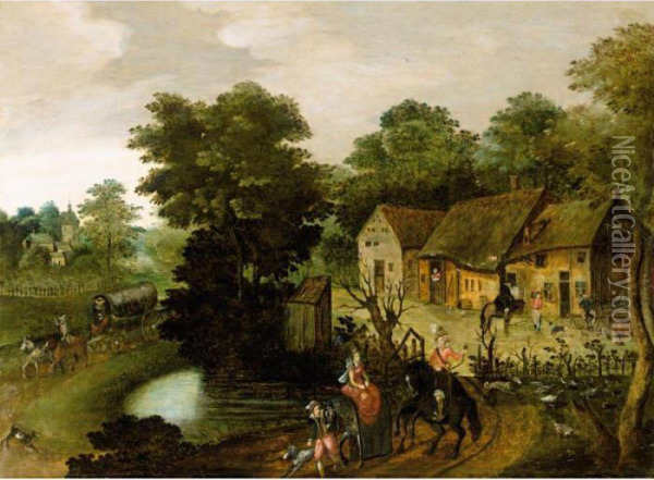 A Village Scene With A Hunting Party In The Foreground Oil Painting - David Vinckboons