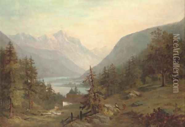 Figures in an extensive alpine landscape Oil Painting - Continental School
