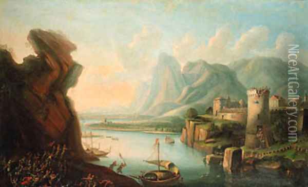 A fortress by a river under siege Oil Painting - German School