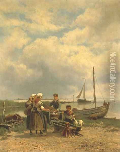 Loading the catch onto a dog-cart Oil Painting - Johannes Hermanus Koekkoek