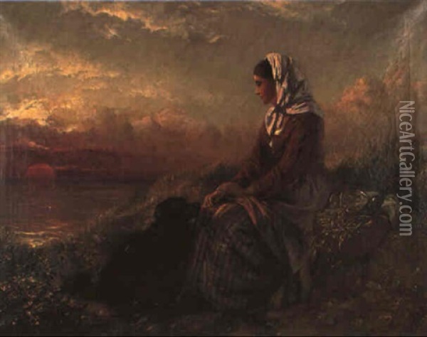 Pensive Girl With Dog Watching Sunset Oil Painting - Edward John Cobbett
