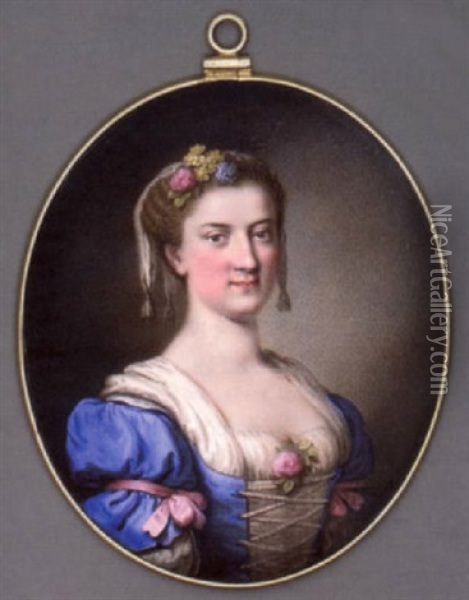 A Young Lady In Blue Dress With White Underdress And Laced Bodice, Pink Bows Tied Around Her Upper Arms And Pink Rose At Corsage, Flowers And A White Scarf In Her Curled Hair Oil Painting - Giuseppe MacPherson