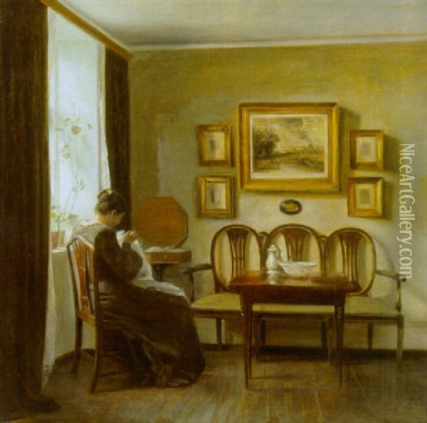 Interior Med Kunstnerens Hustru Ved Sytojet Oil Painting - Carl Vilhelm Holsoe