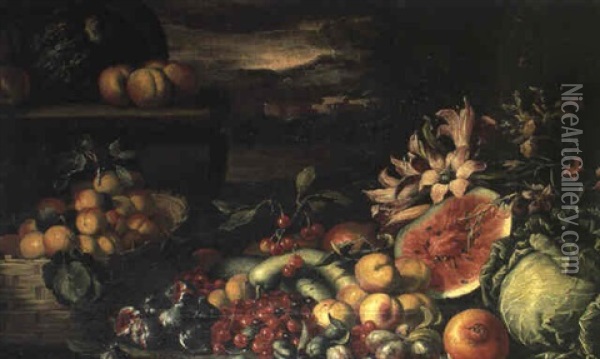 Nature Morte A La Pasteque Et Au Panier De Fruits Oil Painting - Francesco Della Questa