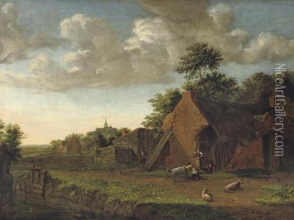 A Landscape With Figures And Livestock In A Farmyard Oil Painting - Emmanuel Murant