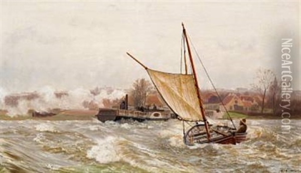 Paddle Steamer Frits Juel And A Sailing Ship In An Inlet Off A Town Oil Painting - Carl (Jens Erik C.) Rasmussen